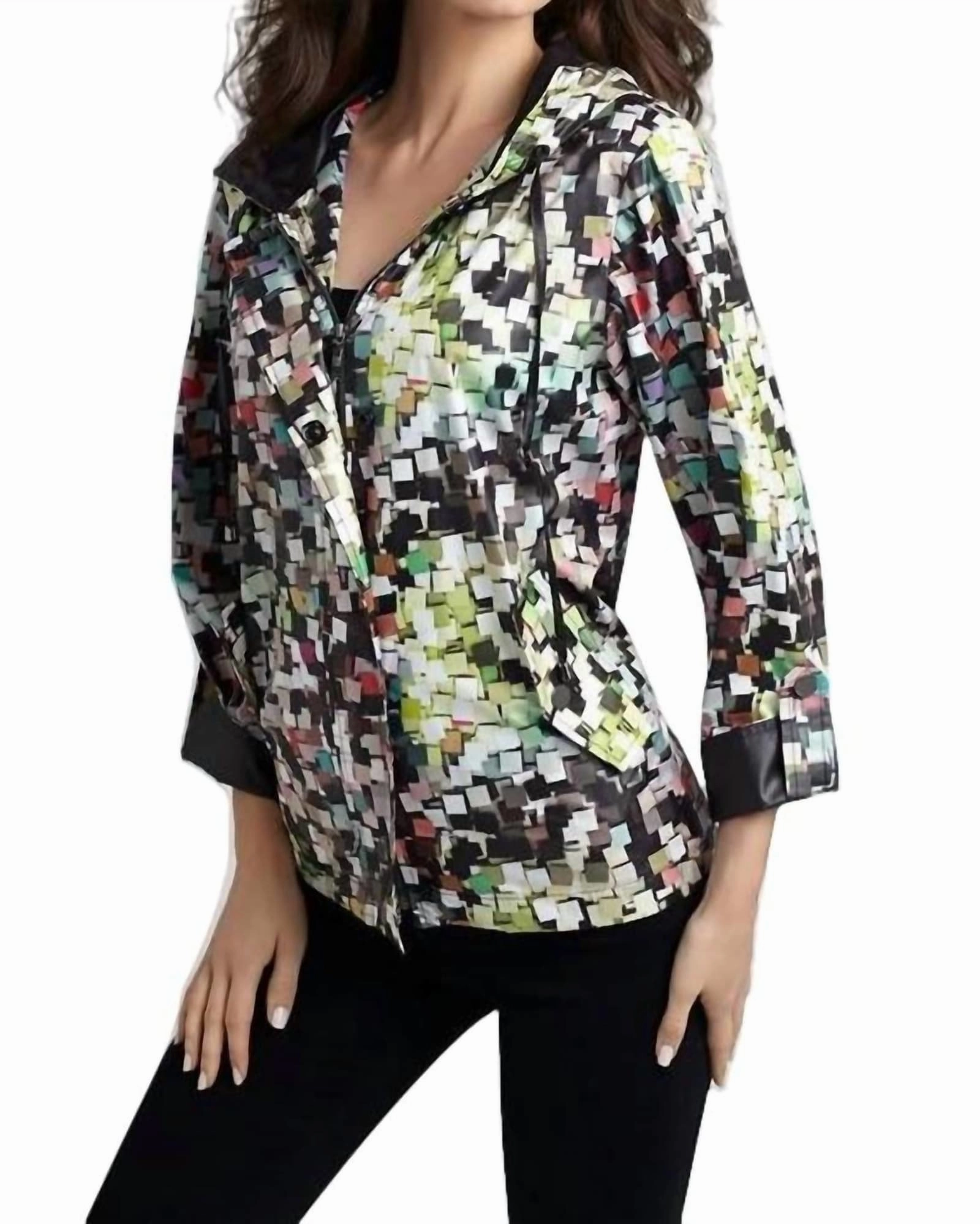 HighNeck Mosaic Hooded Rain Jacket in Black Multi | Black Multi