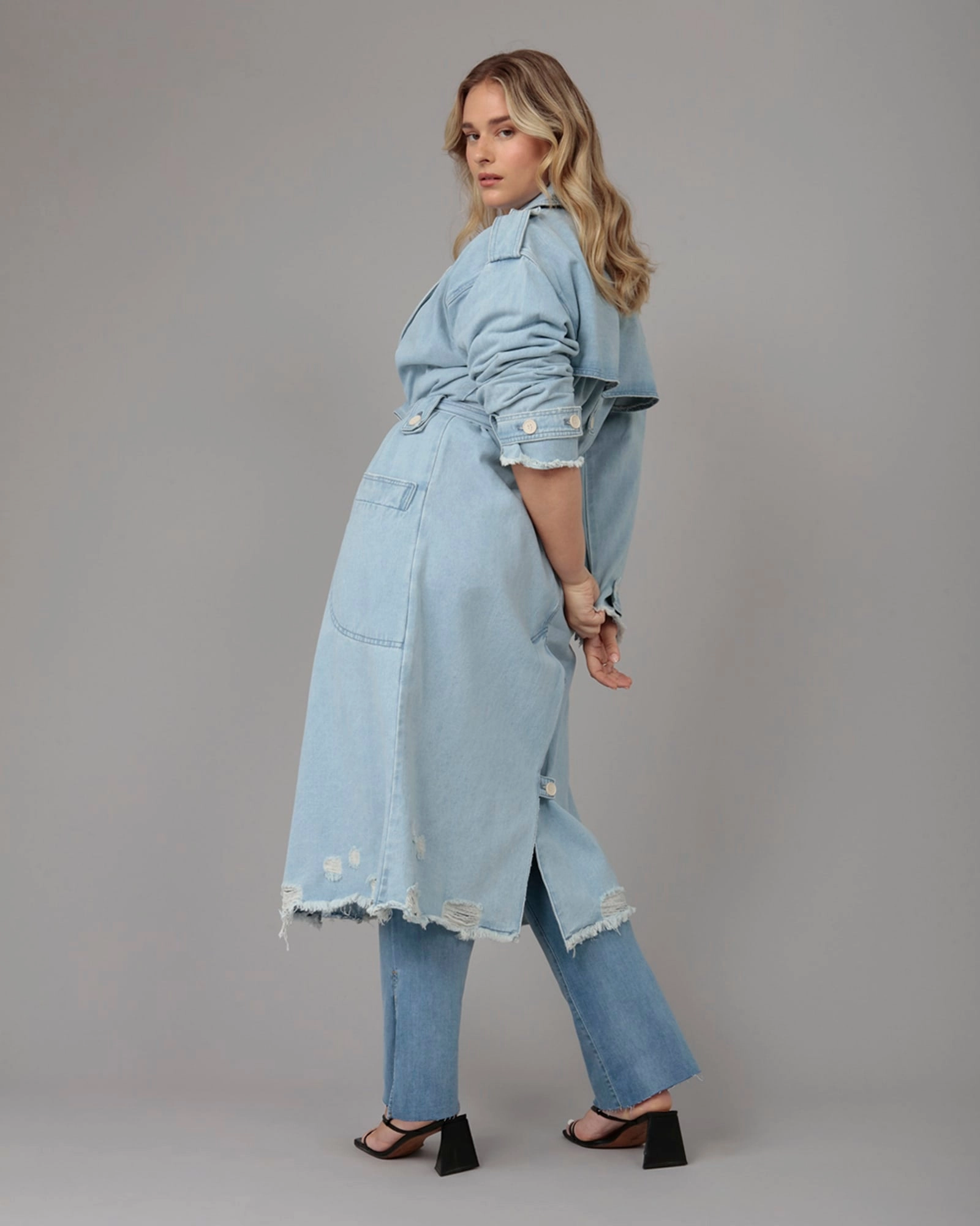 Women's AVERY-BO Denim Trenchcoat | Blue Opal Trendy Accessory Water Repellent Finish