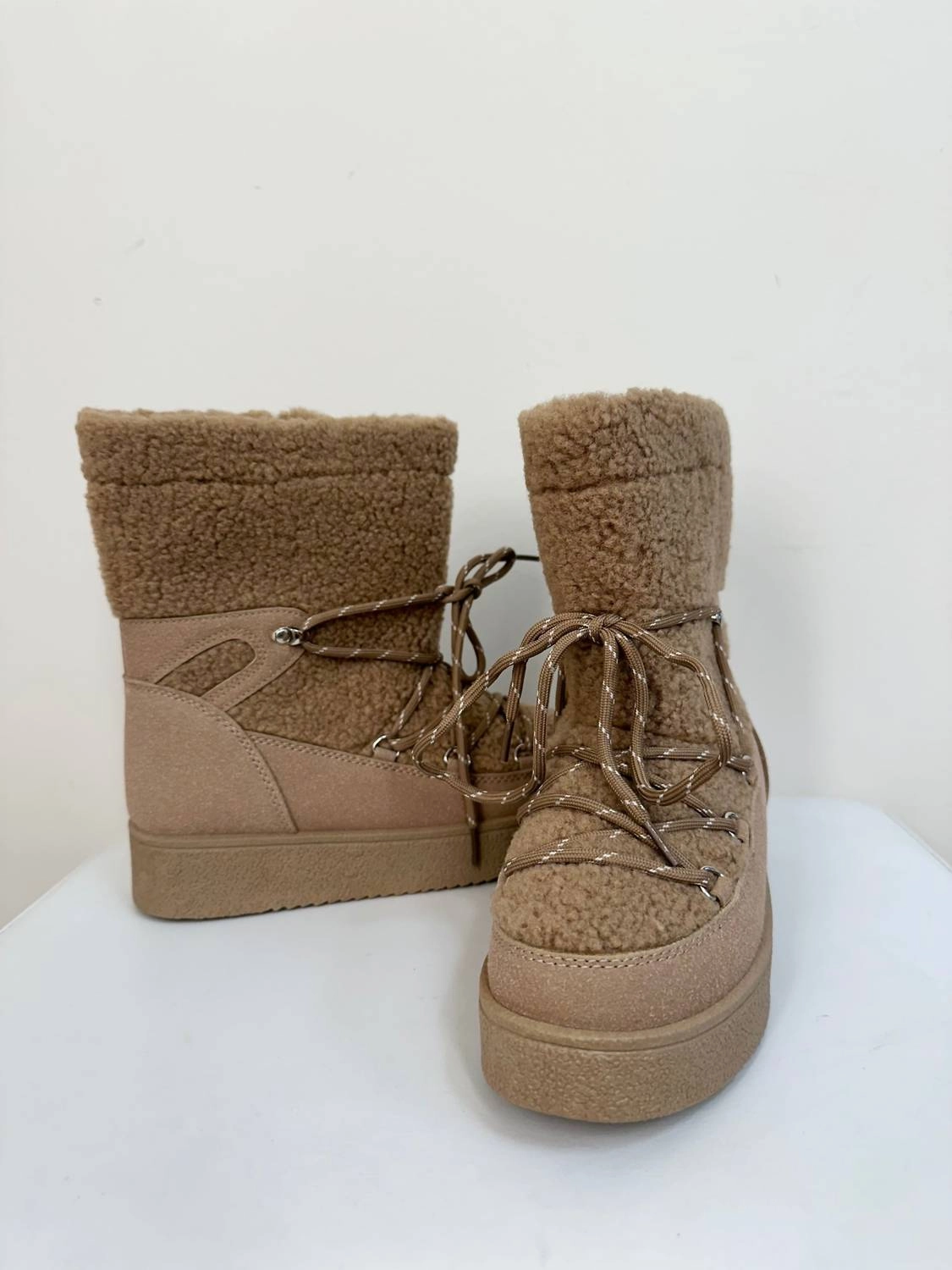 Women's Borg Fleece Furry Lace Up Snow Boots In Beige Sexy Red Heels
