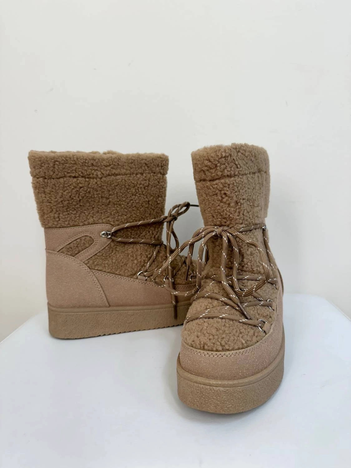 Women's Borg Fleece Furry Lace Up Snow Boots In Beige Comfortable