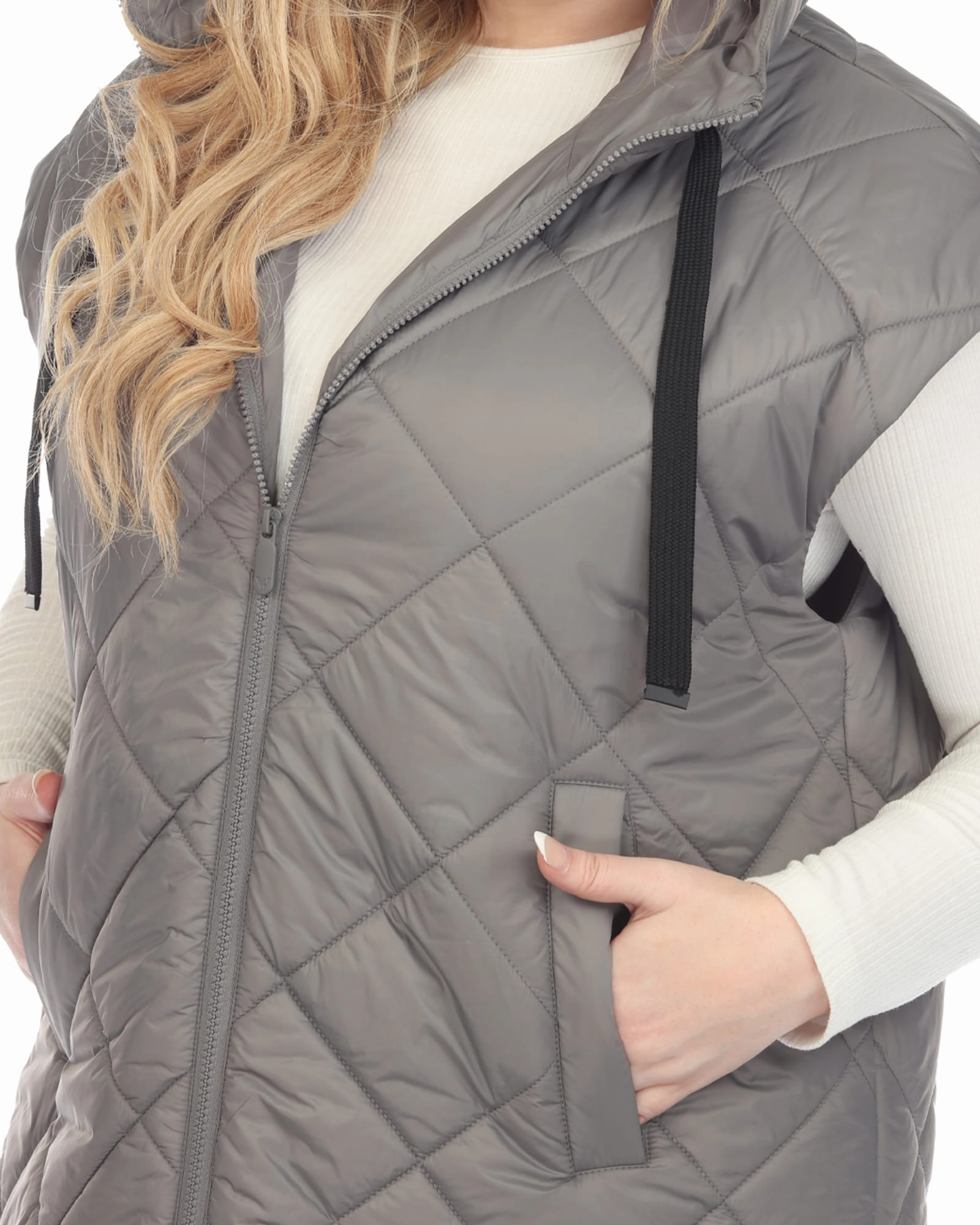 Women's Diamond Quilted Hooded Puffer Vest | Grey Easy Care Fabric Double Layer Closure