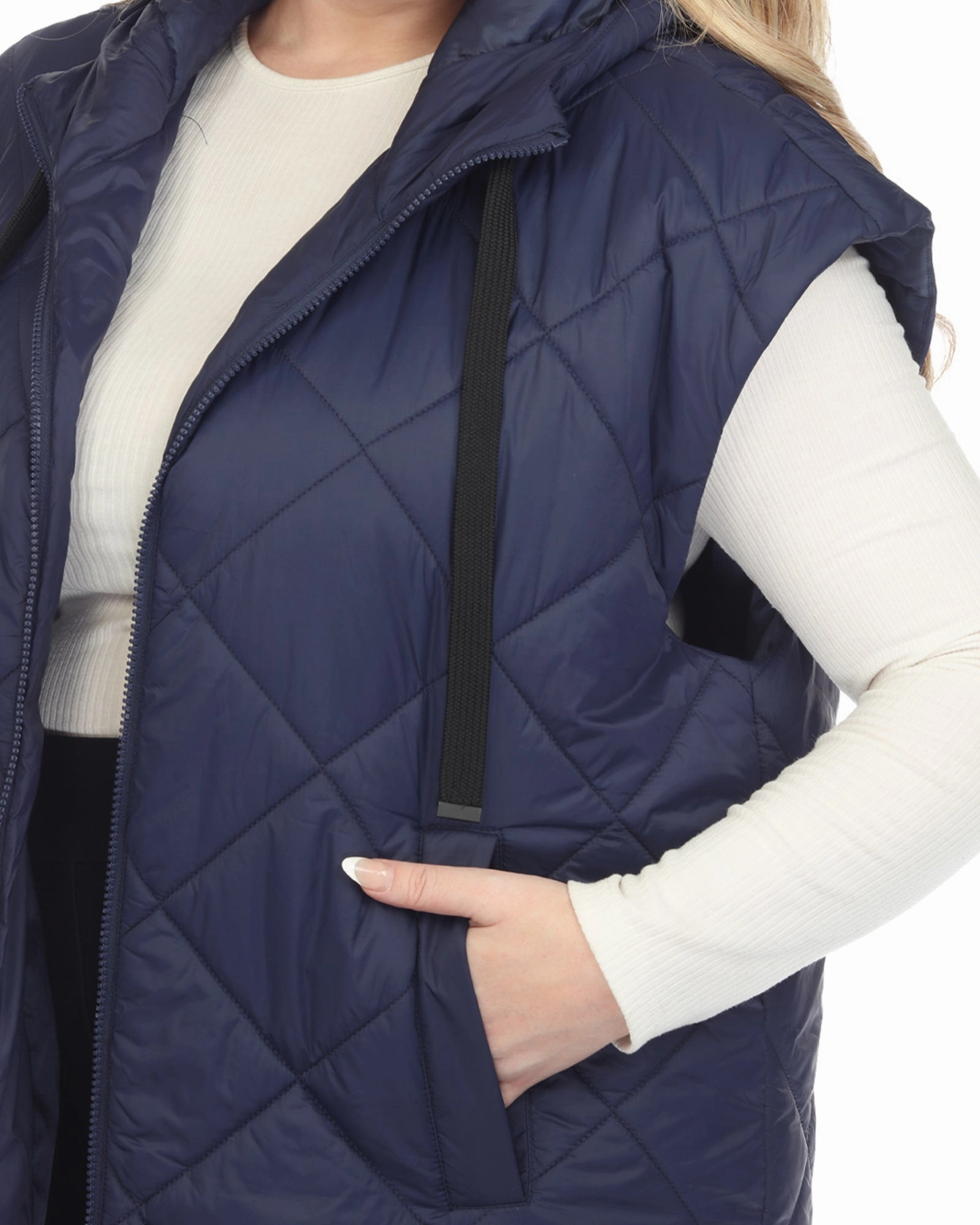 Women's Diamond Quilted Hooded Puffer Vest | Navy Insulated Fashion Smooth Gliding Liners