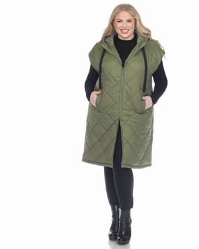 ElasticWaistband Hiking Vibe Women's Diamond Quilted Hooded Puffer Vest | Olive