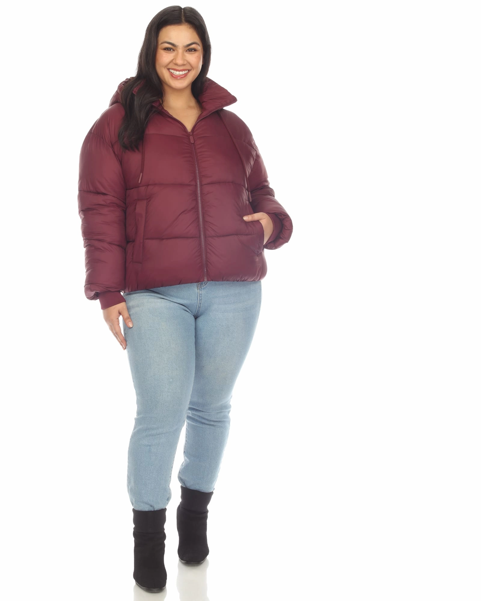 Contemporary Fit Women's Full Front Zip Hooded Bomber Puffer Coat | Burgundy