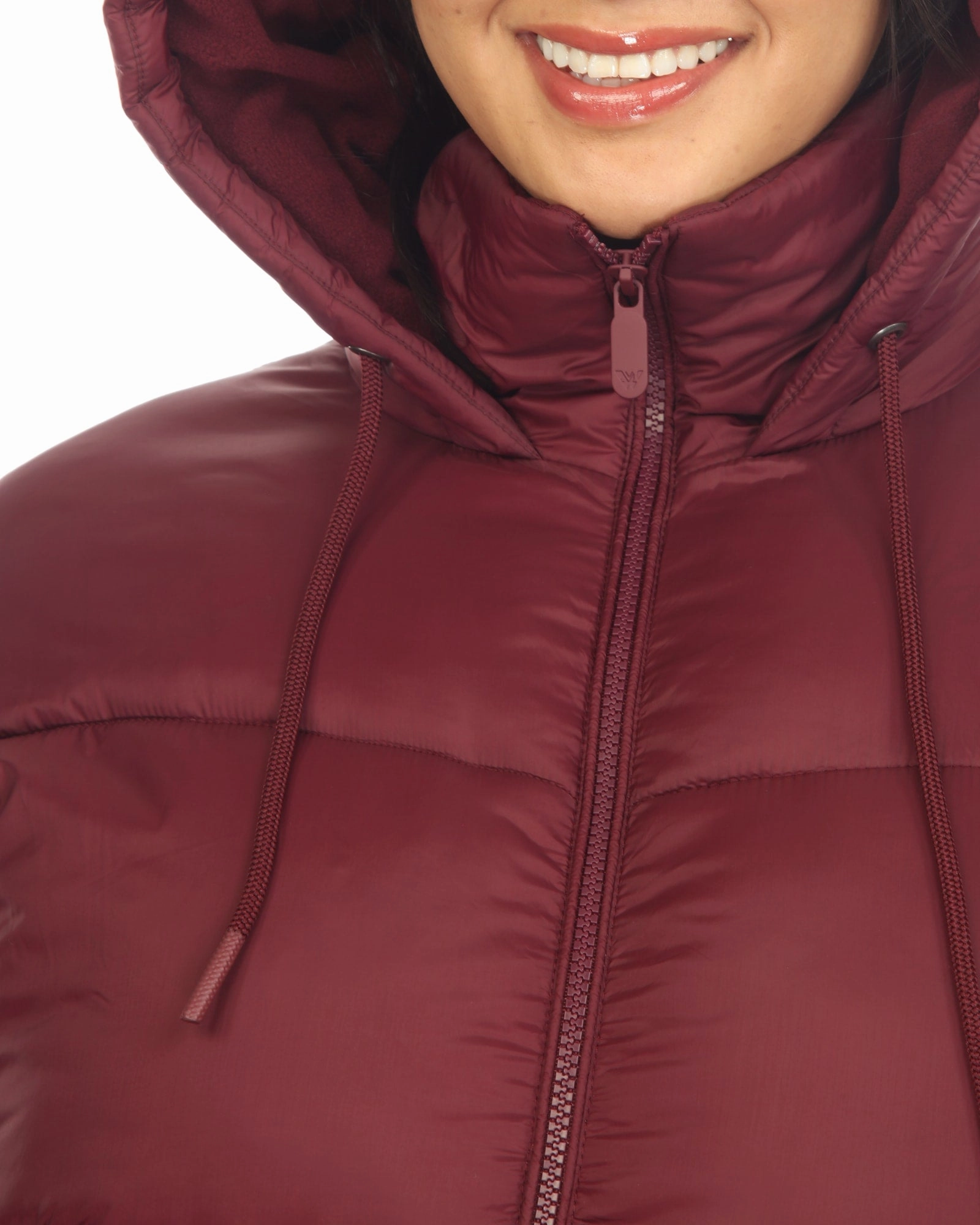 Women's Full Front Zip Hooded Bomber Puffer Coat | Burgundy Action