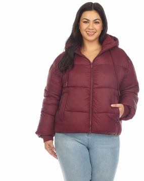 festival - goers Bold Lines Women's Full Front Zip Hooded Bomber Puffer Coat | Burgundy