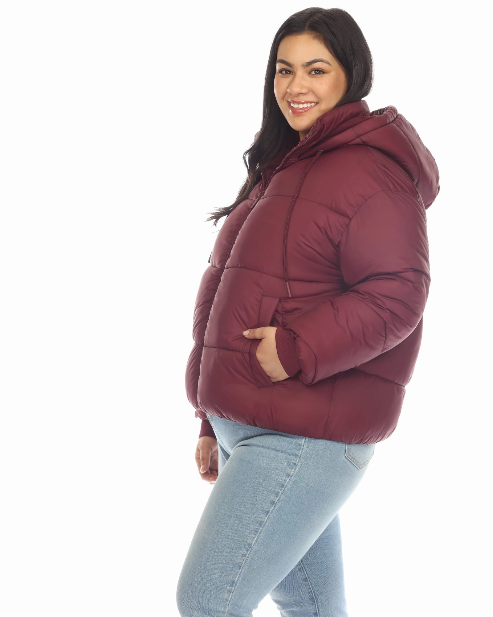 Score Stretch Knit Fabric Women's Full Front Zip Hooded Bomber Puffer Coat | Burgundy