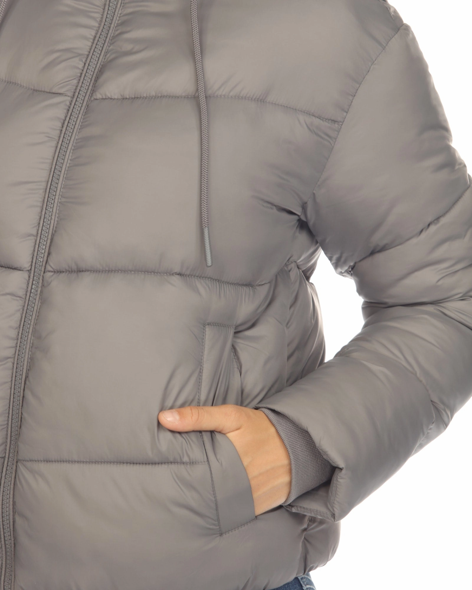 Women's Full Front Zip Hooded Bomber Puffer Coat | Grey aesthetically pleasing Easy Protection