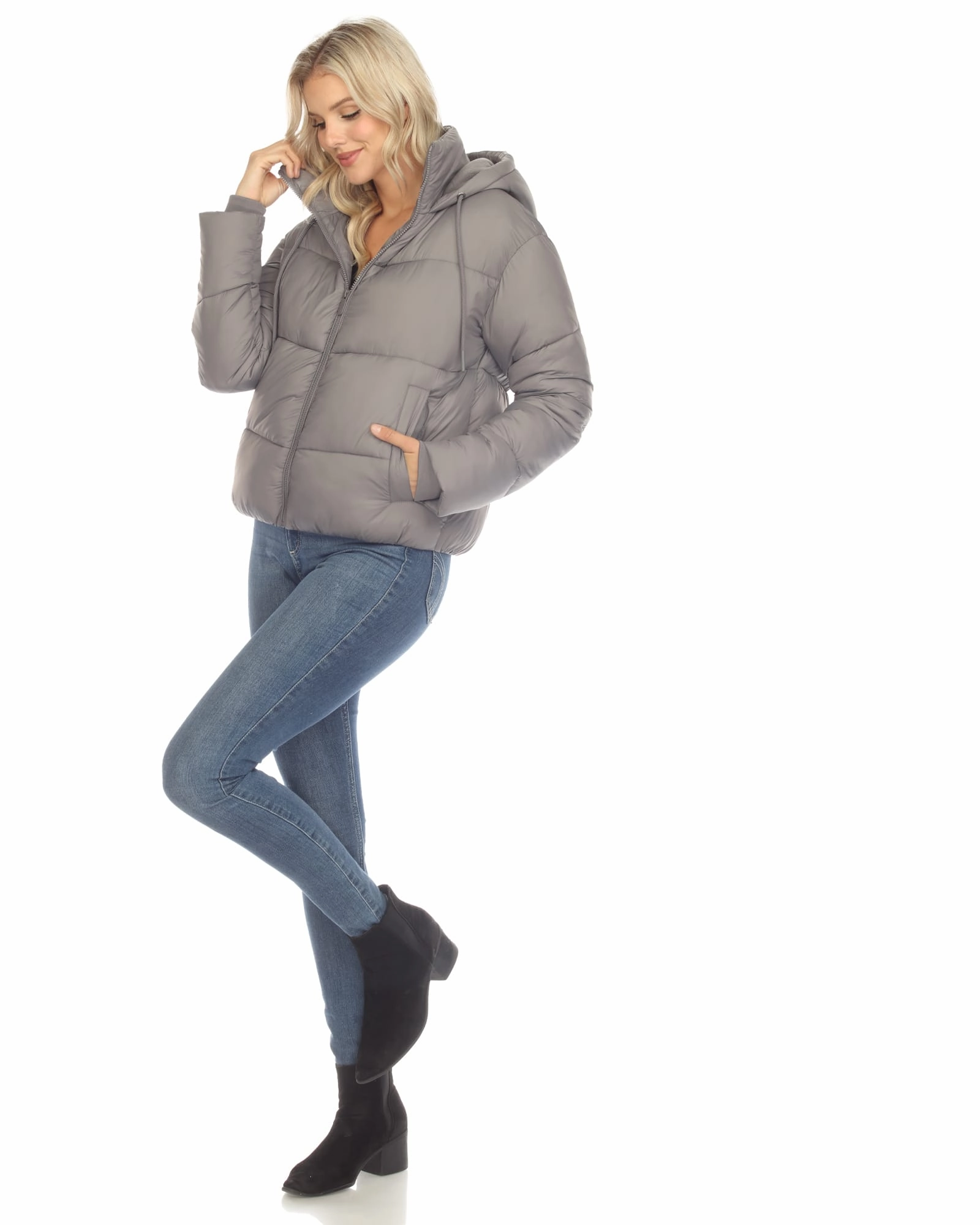 Women's Full Front Zip Hooded Bomber Puffer Coat | Grey Fitted Wear
