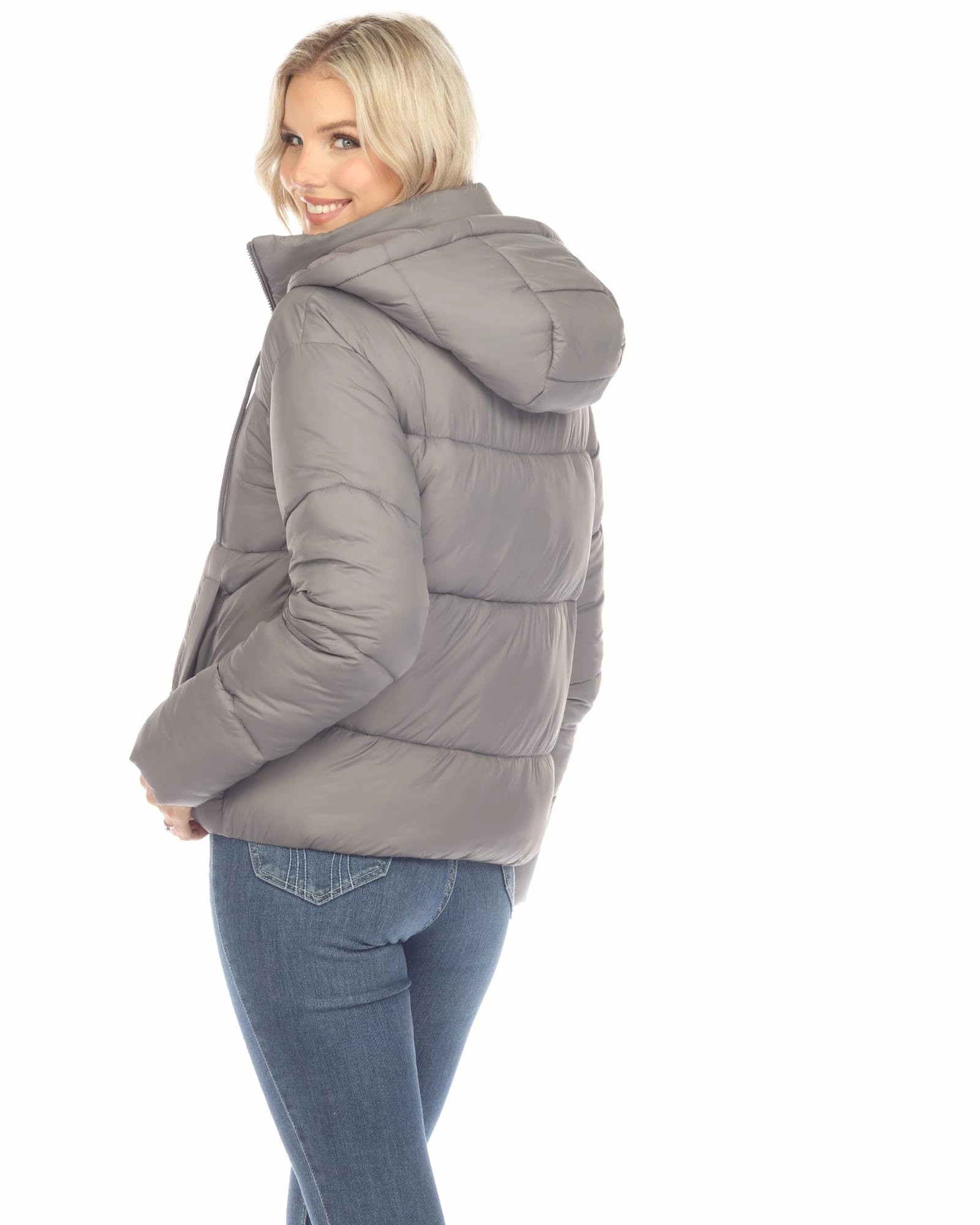 Multi Panel Construction Women's Full Front Zip Hooded Bomber Puffer Coat | Grey