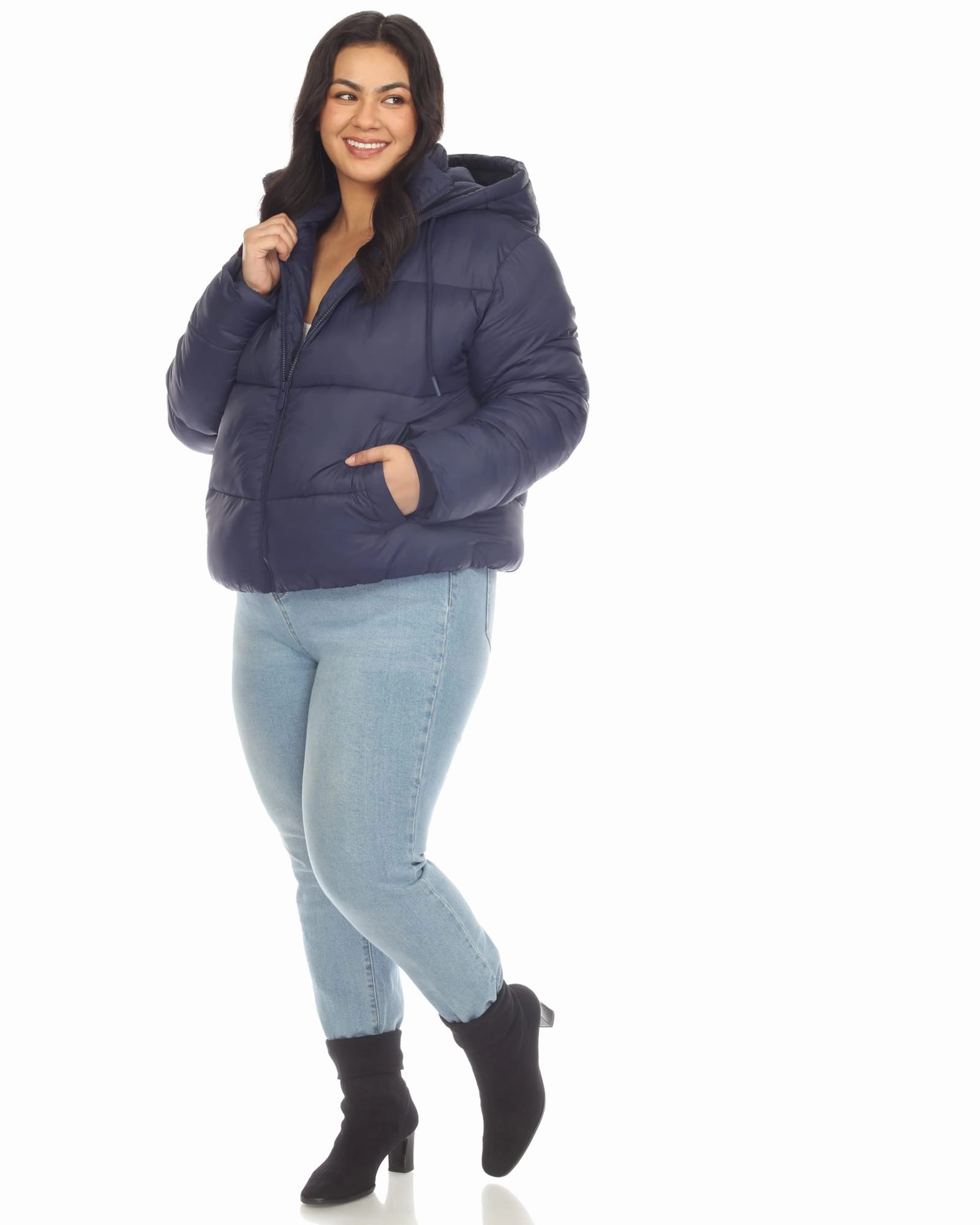 Active Edge Women's Full Front Zip Hooded Bomber Puffer Coat | Navy