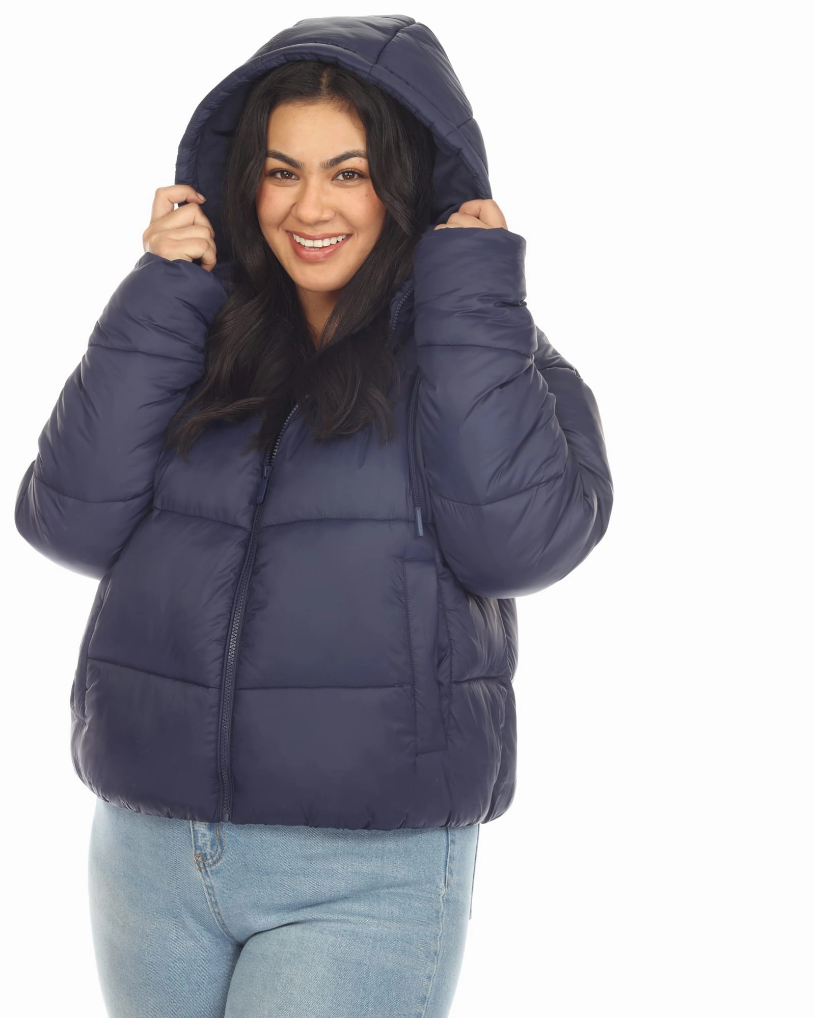 Universal Backpack Compatibility leggings Women's Full Front Zip Hooded Bomber Puffer Coat | Navy