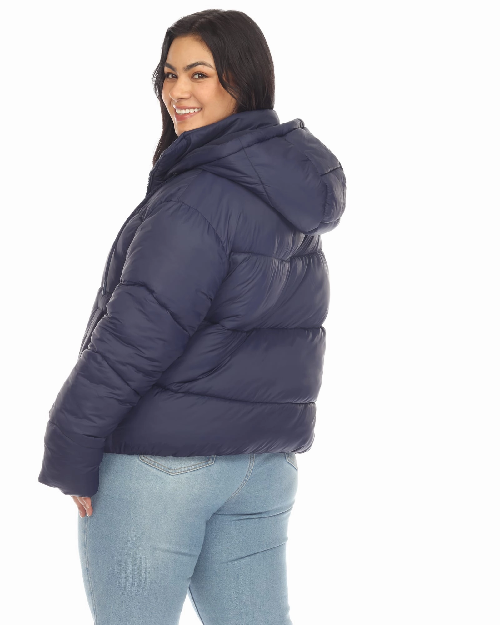 Women's Full Front Zip Hooded Bomber Puffer Coat | Navy Indoor Layer Layer Base