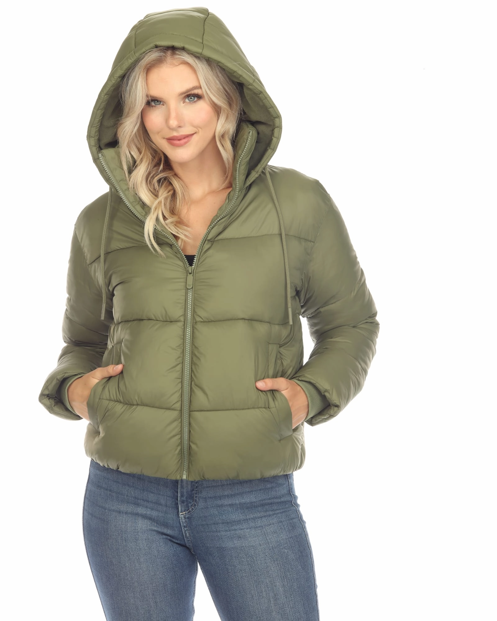 Hearing-aid High Density Weave Women's Full Front Zip Hooded Bomber Puffer Coat | Olive