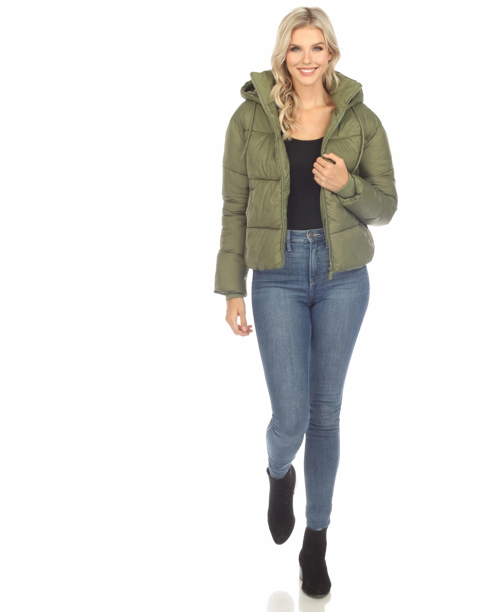 Storm Resistant Closure Layered Look Women's Full Front Zip Hooded Bomber Puffer Coat | Olive
