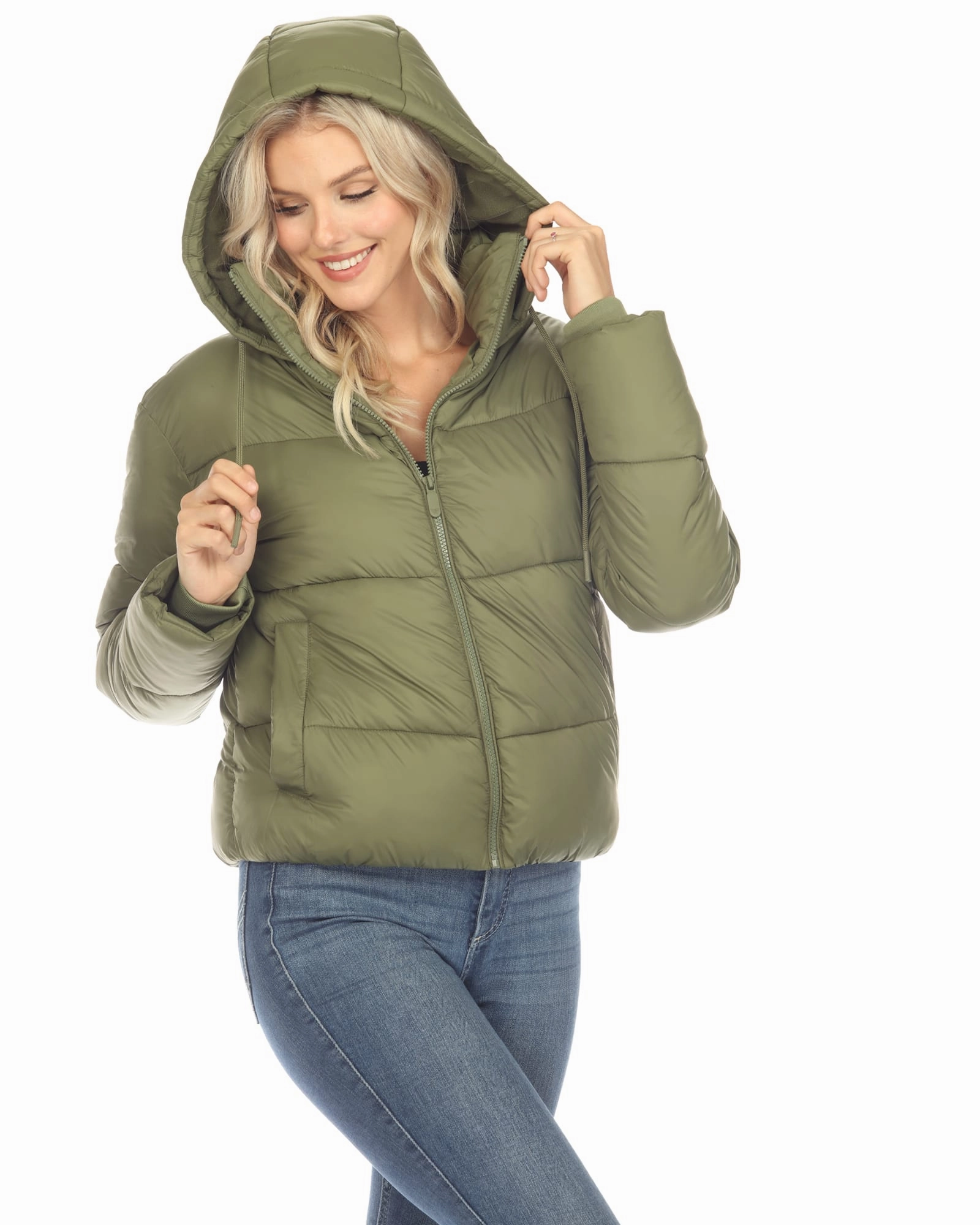Protective Layering Women's Full Front Zip Hooded Bomber Puffer Coat | Olive