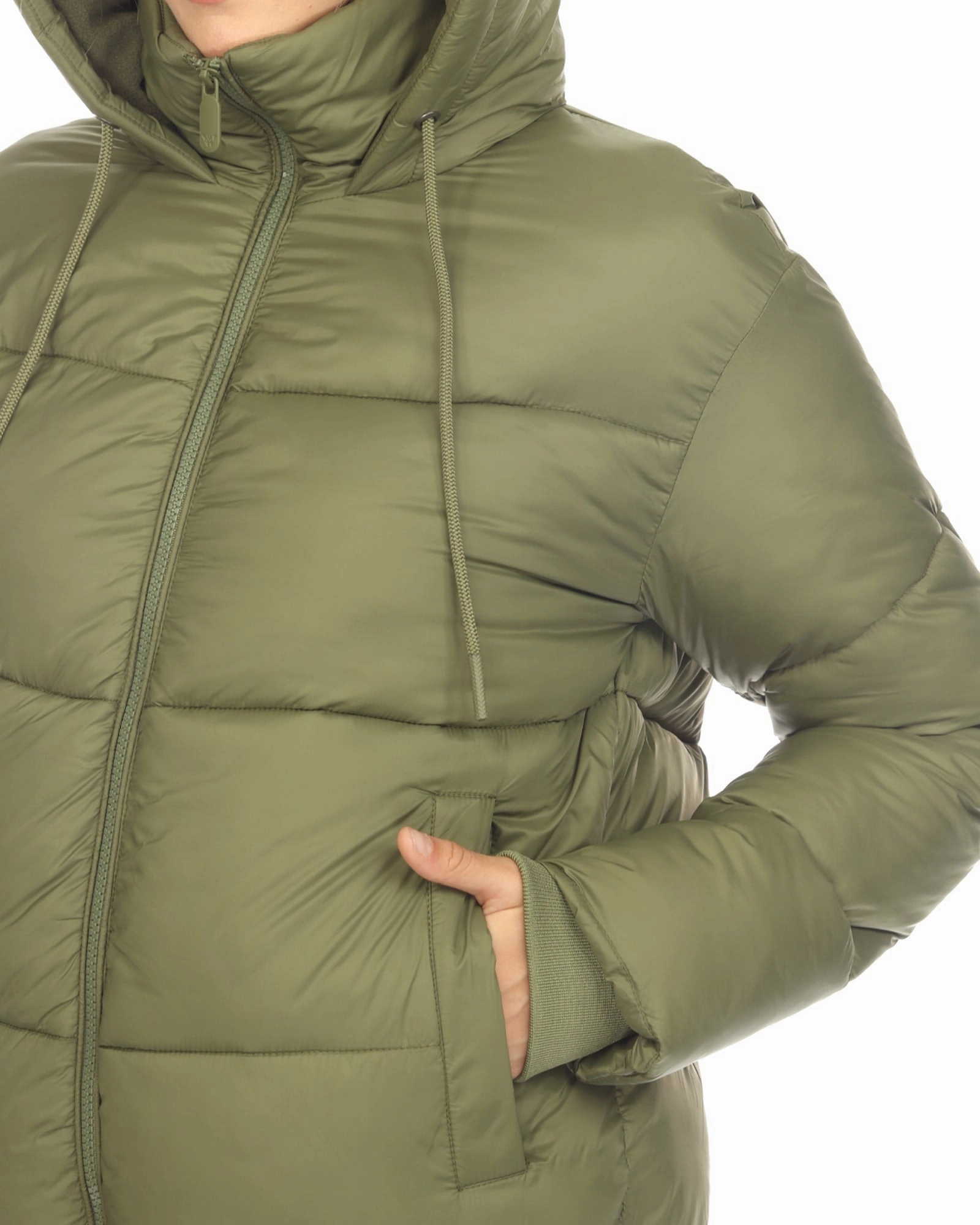 Women's Full Front Zip Hooded Bomber Puffer Coat | Olive Active Protection Weather Shield