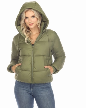 Hearing-aid High Density Weave Women's Full Front Zip Hooded Bomber Puffer Coat | Olive
