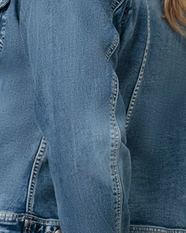 Women's GABRIELLA-LBD1 Classic Denim Jacket | Light Blue Distressed Utility Focus Weatherproof Protection