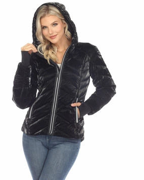 Women's Midweight Quilted Contrast With Thumbholes Hooded Jacket | Black Packable option Outdoor Insulation