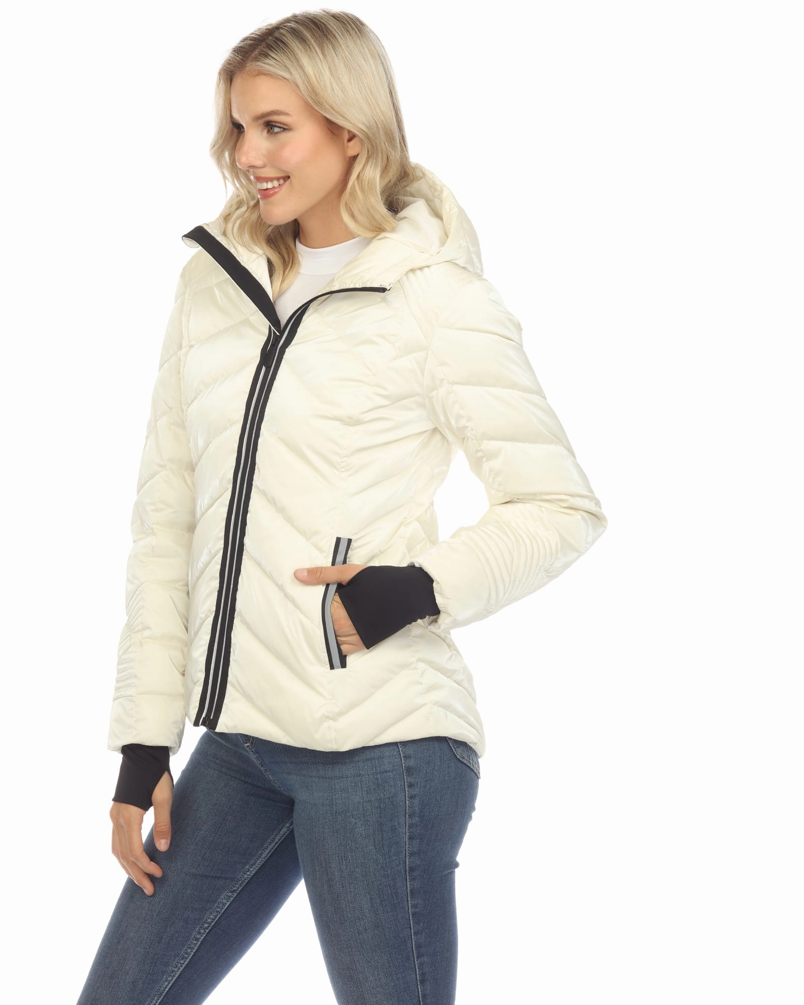 Allure Winter Shield Women's Midweight Quilted Contrast With Thumbholes Hooded Jacket | White