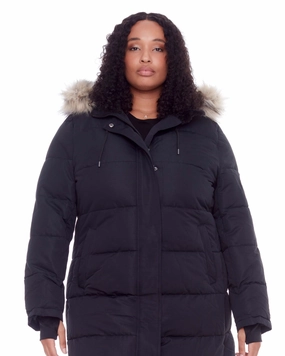 Taped Zipper Closures Women's Plus Size - AULAVIK | Vegan Down Recycled Mid-Length Hooded Parka Coat | Black