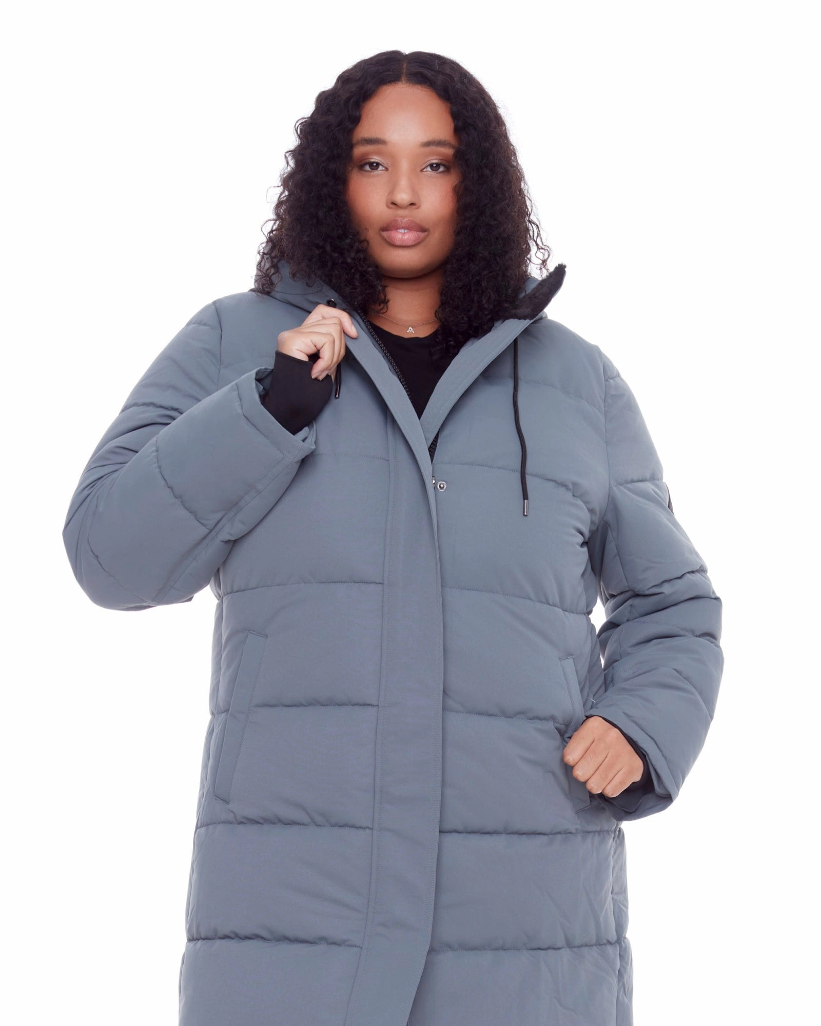Women's Plus Size - AULAVIK | Vegan Down Recycled Mid-Length Hooded Parka Coat | Slate Articulated Elbows Fray Resistant Finish