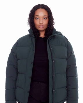 Women's Plus Size - FORILLON | Vegan Down Recycled Short Quilted Puffer Jacket | Deep Green Roll Double Layered Hood