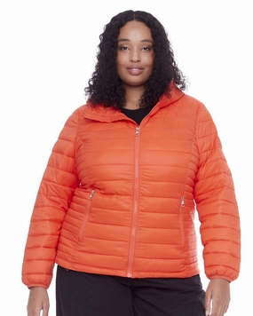 Women's Plus Size - YOHO | Vegan Down Lightweight Packable Puffer Jacket & Bag | Tangerine Double Stitched Edging Stroll