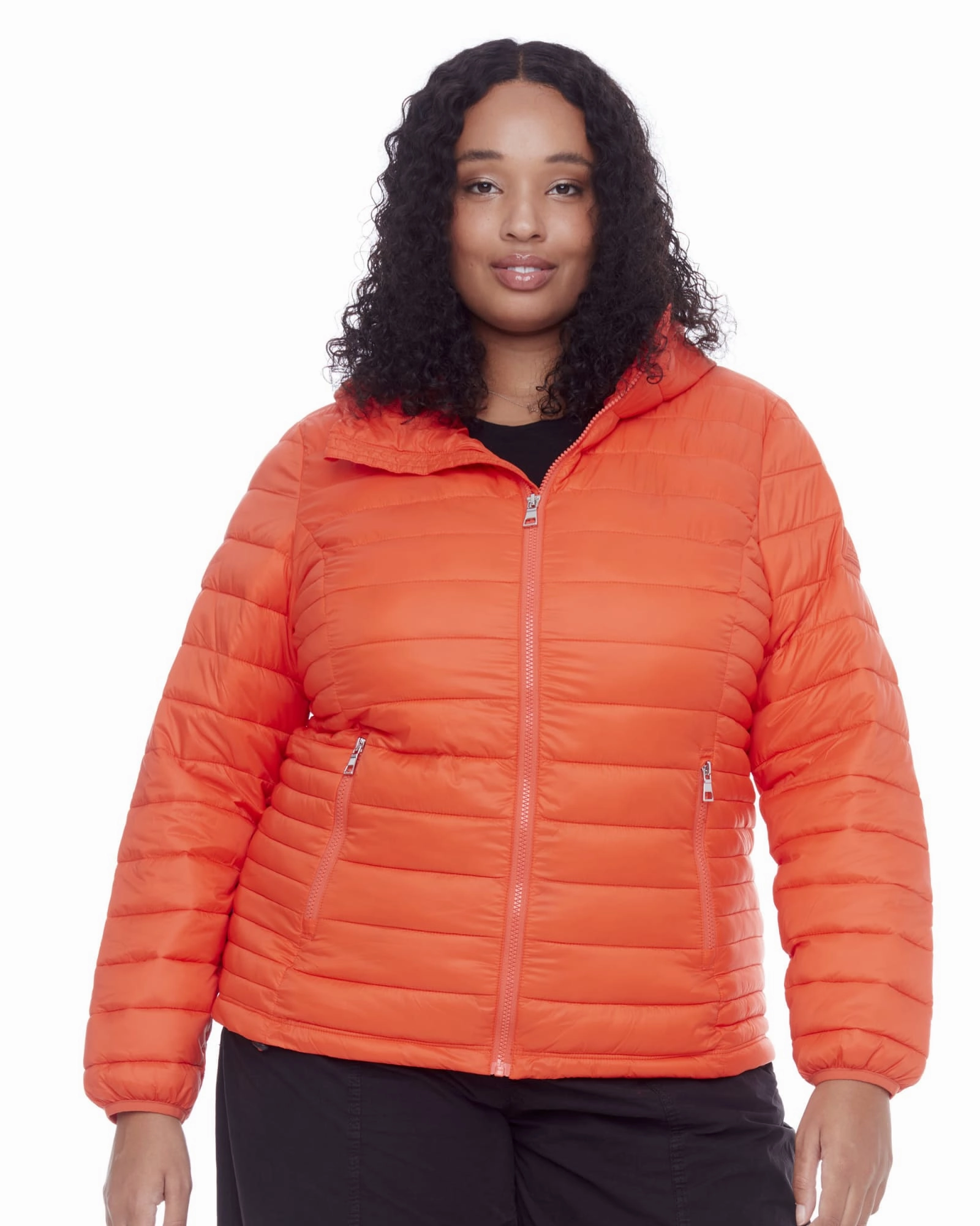 Women's Plus Size - YOHO | Vegan Down Lightweight Packable Puffer Jacket & Bag | Tangerine Double Stitched Edging Stroll