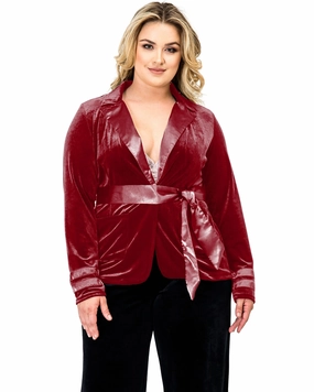 Microfiber Technology Denim Women's Velvet Satin Belt Wrap Smoking Jacket | Deep Red