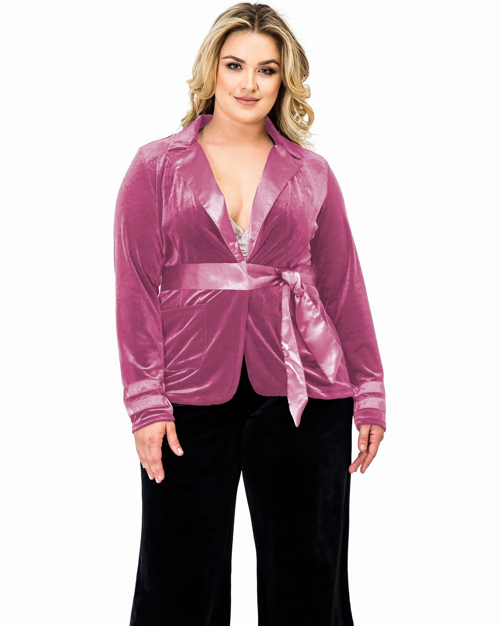 NonBulkyFit Women's Velvet Satin Belt Wrap Smoking Jacket | Rose