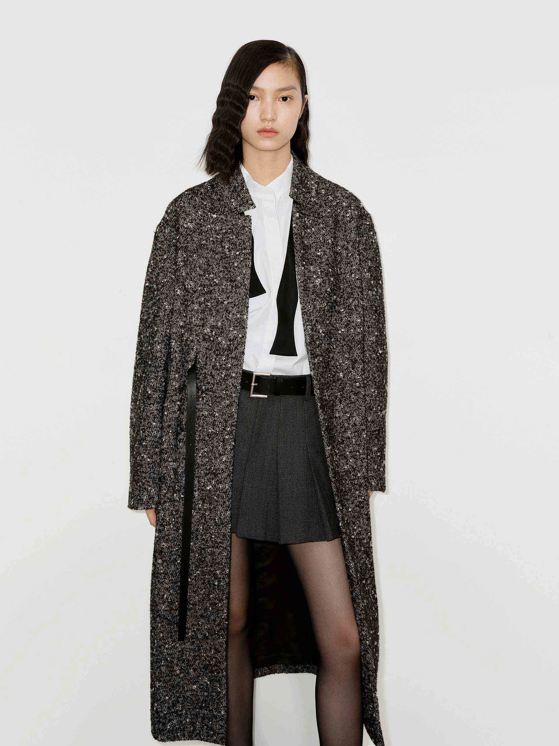 Textured Finish Wool Blend Belted Overcoat