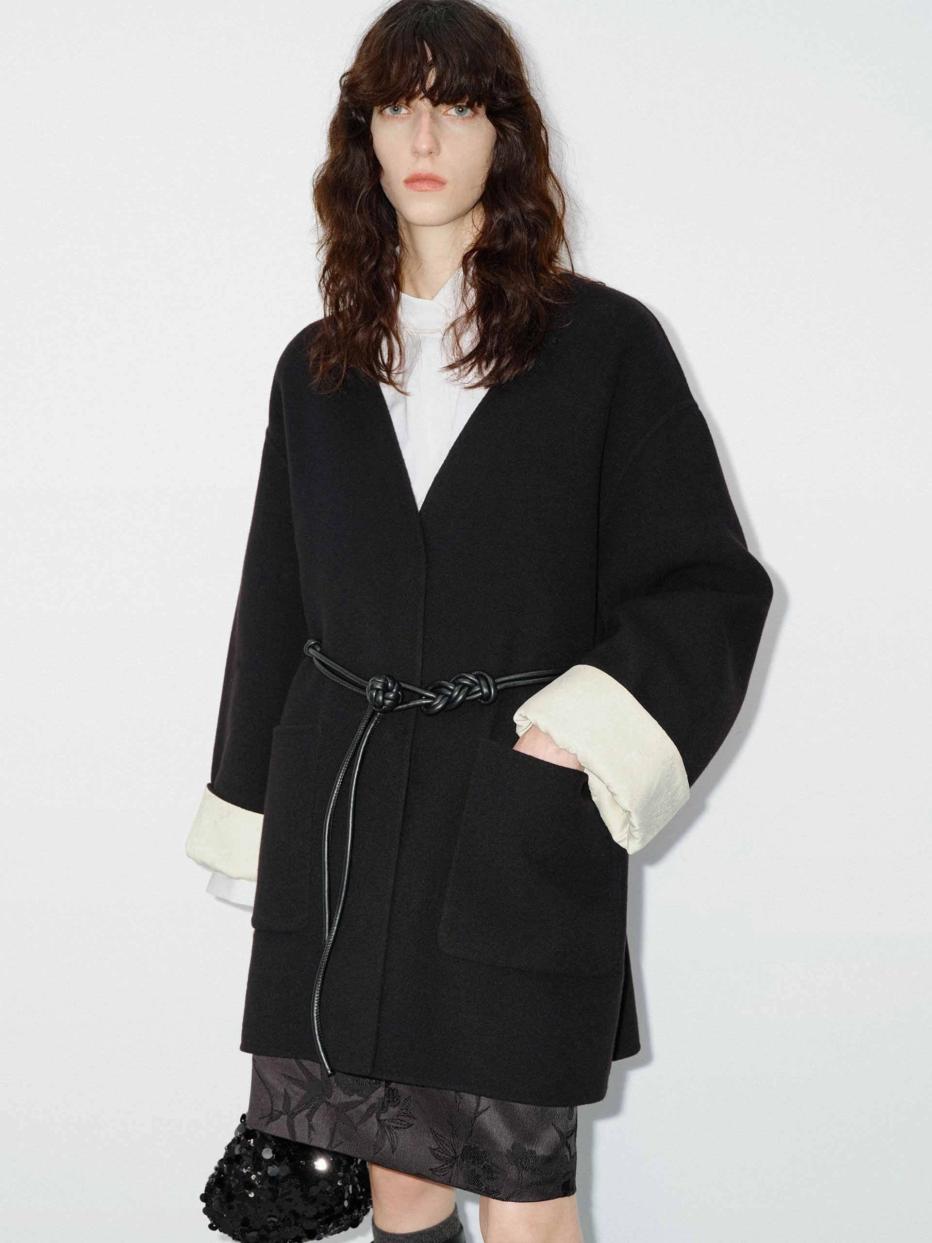 Seamless Design Adjustable Hemline Wool V-neck Midi Coat