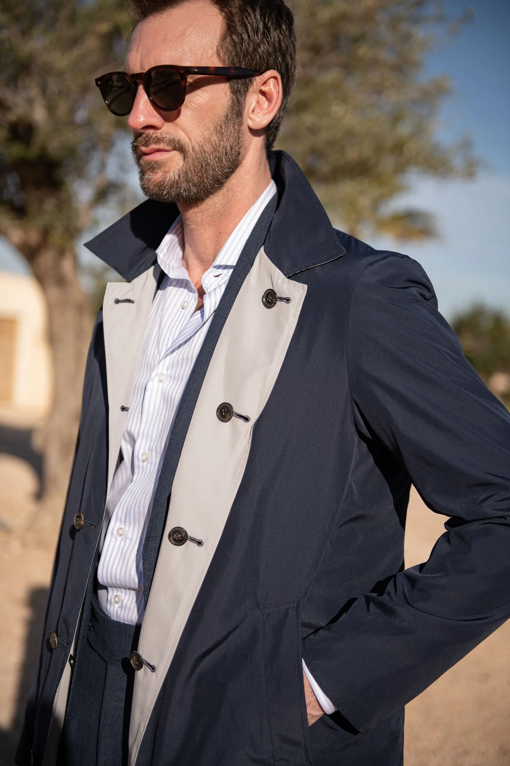 Multi Pocket Blue and grey reversible raincoat - Made in Italy