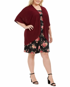 ElasticWaistband Love Squared Women's Plus Size Open-Front Jacket & Floral-Print Dress Black Size 1X | Black